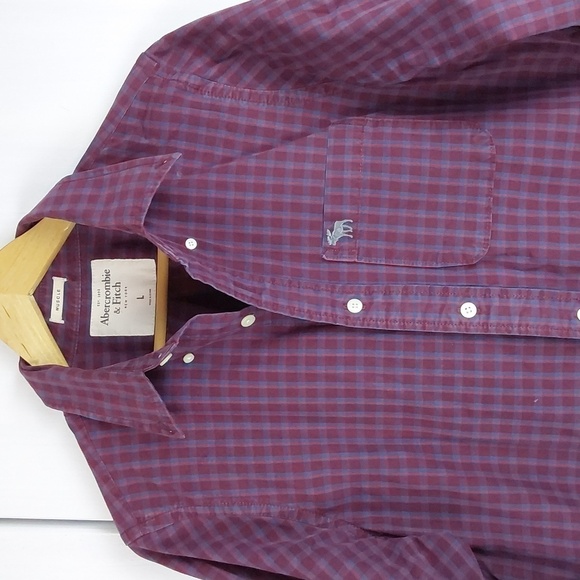 Abercrombie and Fitch Mens Burgundy Red Blue Plaid Pocket Shirt TINY FLAW Sz.L - Picture 2 of 12